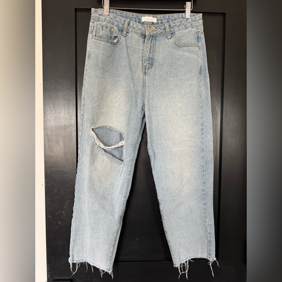 Oak + Fort | Light Blue High Rise Distressed Crop Raw Hem Denim Jeans | Sz S - Picture 1 of 6